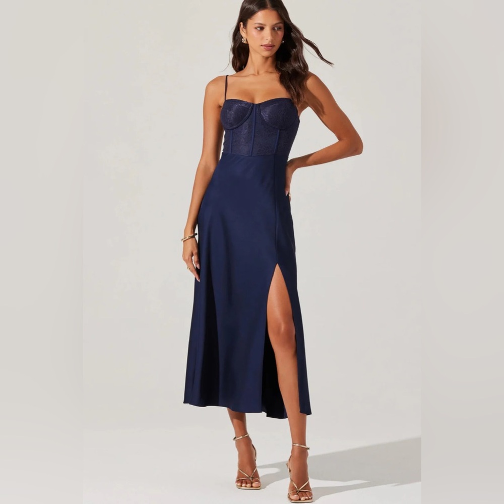 ASTR The Label Navy & Satin Lace Bustier Midi Dress